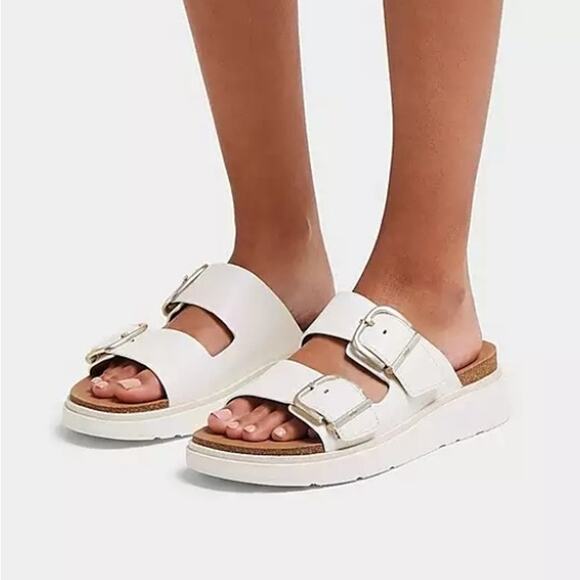 FitFlop Women's HE8194 GEN-FF Two- Bar Leather Slides Sandals White Size 37 - Picture 1 of 10